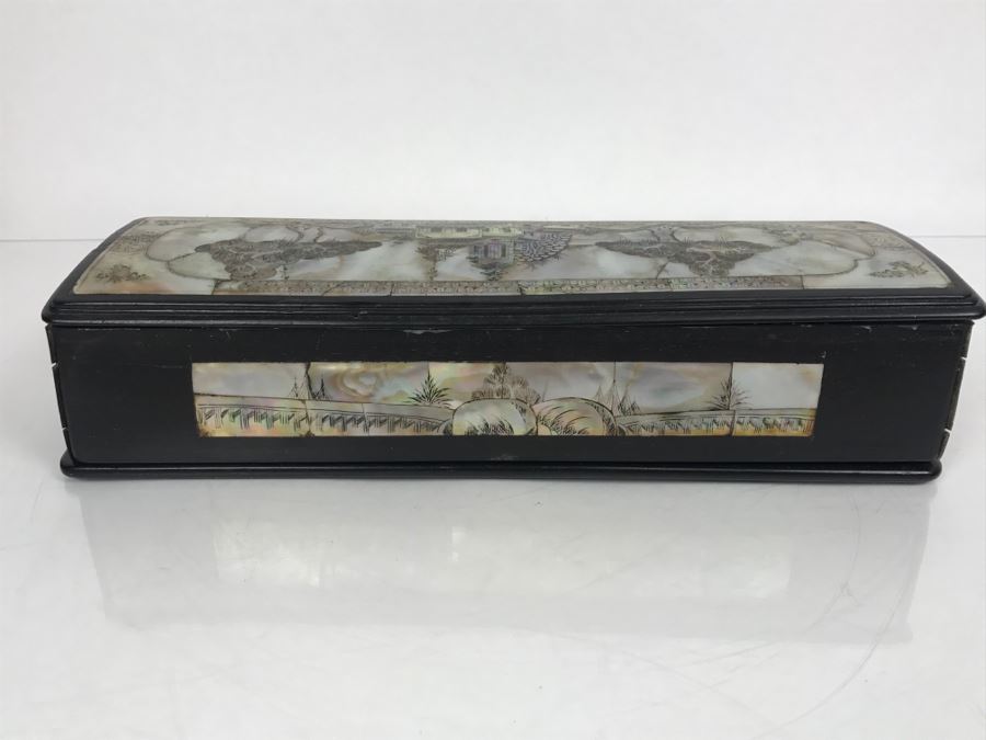 Stunning Asian Wooden Box With Detailed Mother Of Pearl Inlay On 5 Sides Of Box [Photo 19]