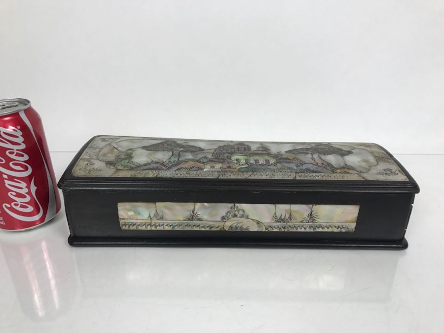 Stunning Asian Wooden Box With Detailed Mother Of Pearl Inlay On 5 Sides Of Box [Photo 2]