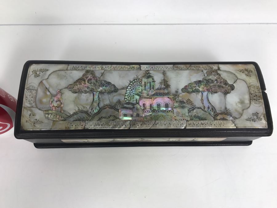 Stunning Asian Wooden Box With Detailed Mother Of Pearl Inlay On 5 Sides Of Box [Photo 3]