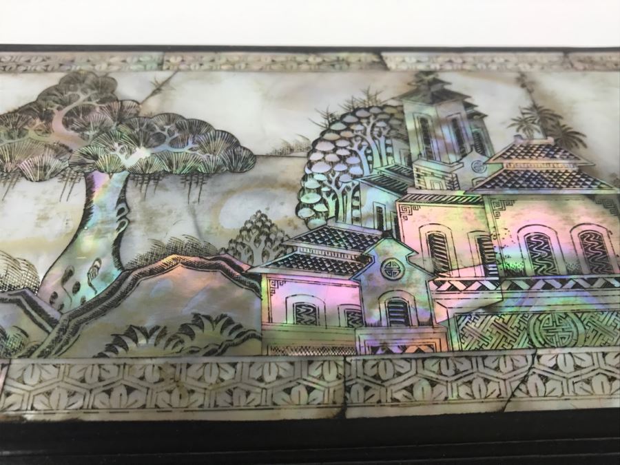 Stunning Asian Wooden Box With Detailed Mother Of Pearl Inlay On 5 Sides Of Box [Photo 11]