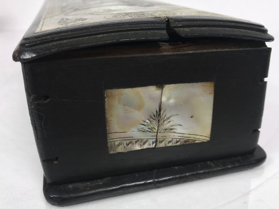 Stunning Asian Wooden Box With Detailed Mother Of Pearl Inlay On 5 Sides Of Box [Photo 18]