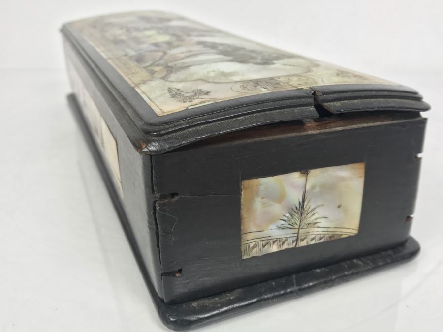Stunning Asian Wooden Box With Detailed Mother Of Pearl Inlay On 5 Sides Of Box [Photo 16]