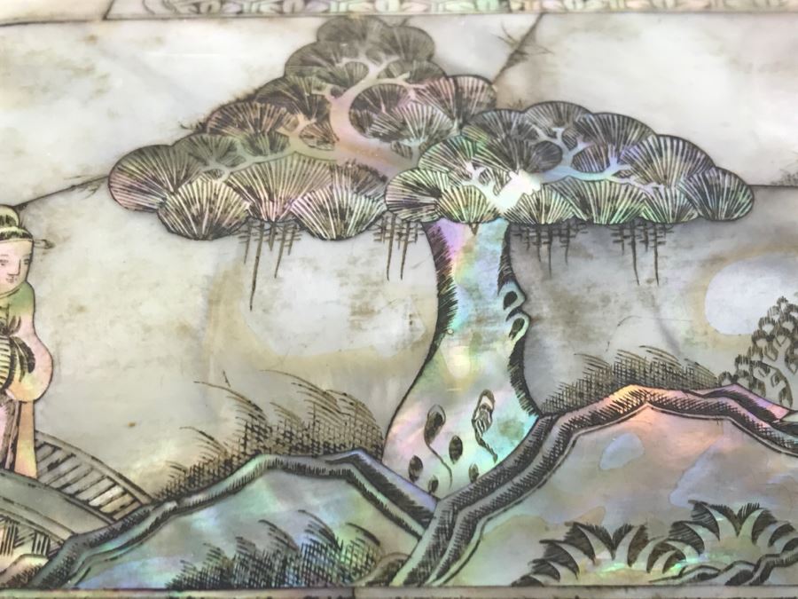 Stunning Asian Wooden Box With Detailed Mother Of Pearl Inlay On 5 Sides Of Box [Photo 9]