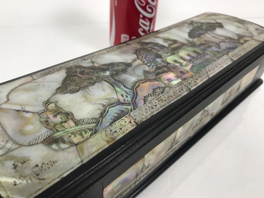 Stunning Asian Wooden Box With Detailed Mother Of Pearl Inlay On 5 Sides Of Box [Photo 39]
