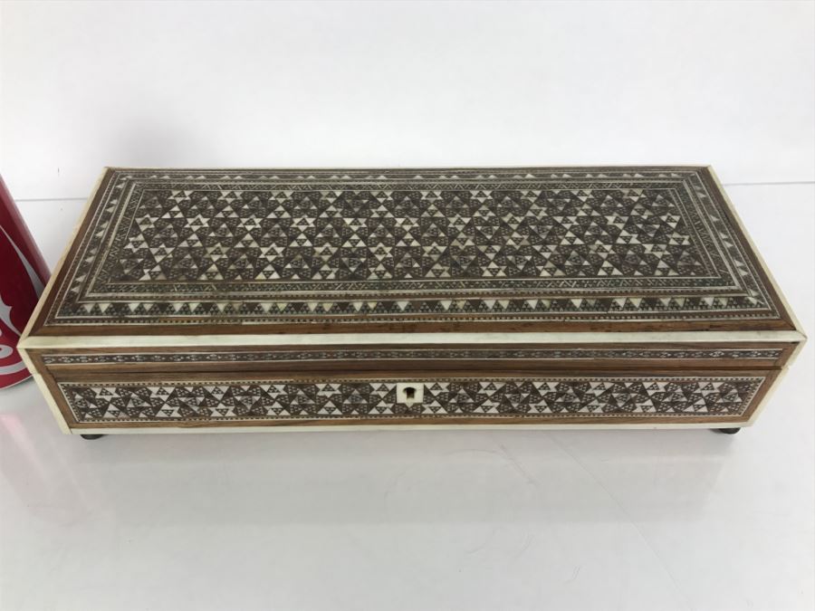 Stunning Geometric Metal And Bone Inlay Wooden Footed Box [Photo 2]