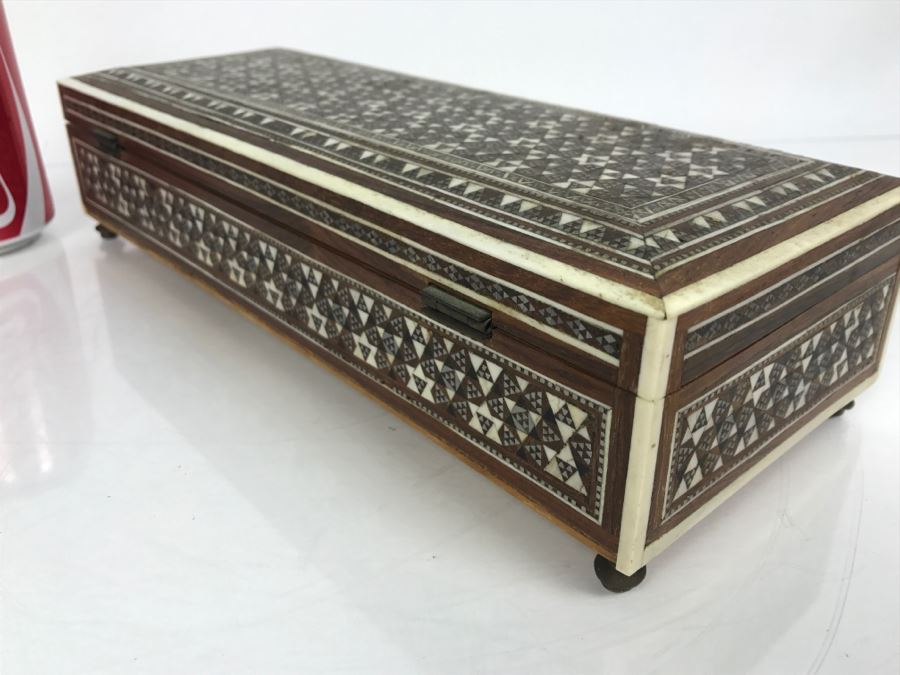 Stunning Geometric Metal And Bone Inlay Wooden Footed Box [Photo 15]
