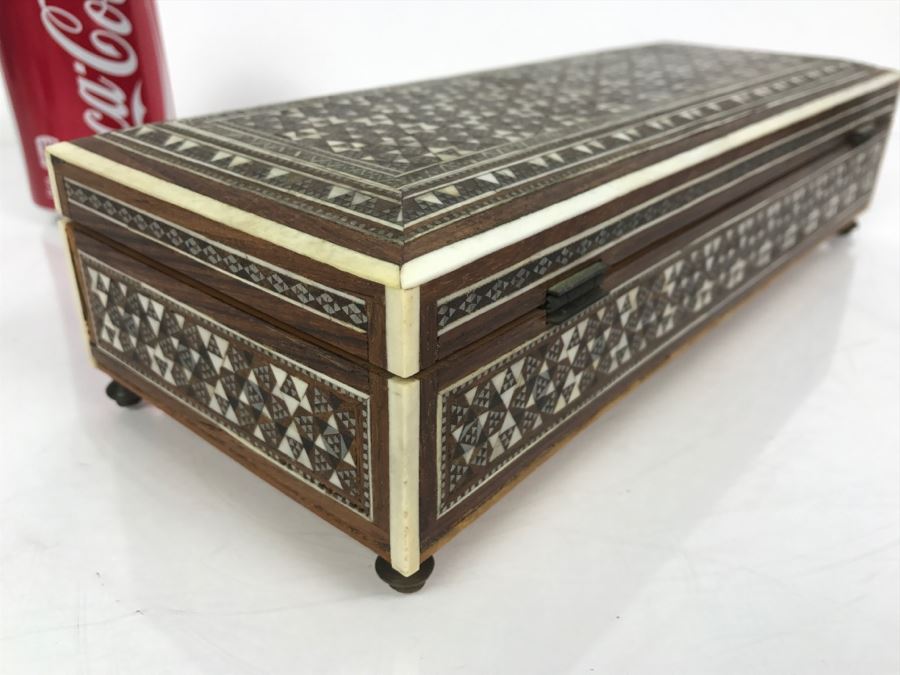 Stunning Geometric Metal And Bone Inlay Wooden Footed Box [Photo 16]