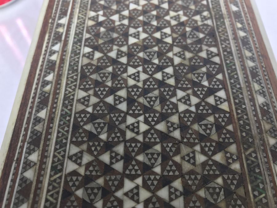 Stunning Geometric Metal And Bone Inlay Wooden Footed Box [Photo 12]