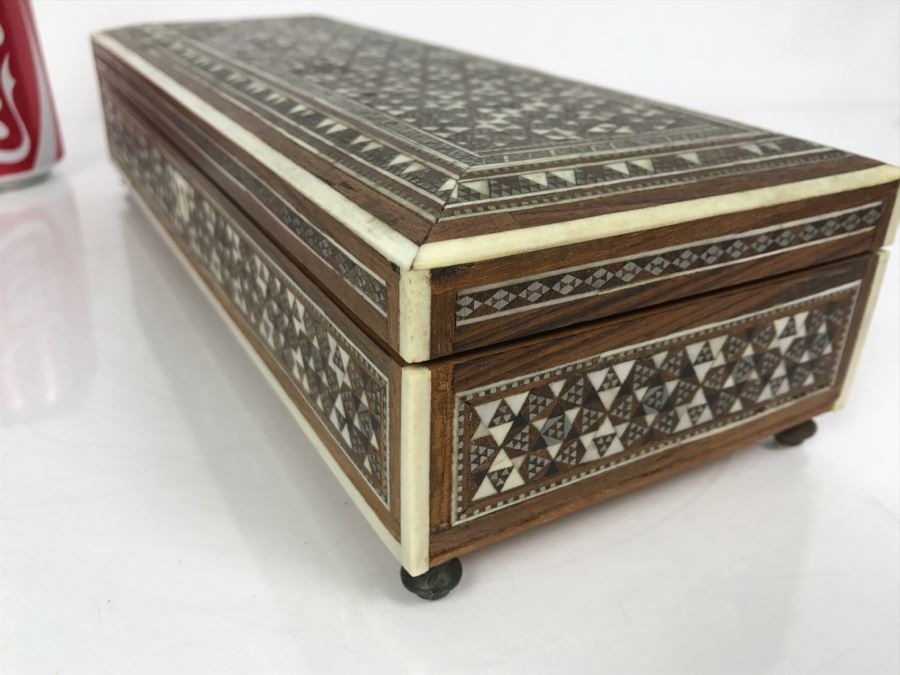 Stunning Geometric Metal And Bone Inlay Wooden Footed Box [Photo 18]