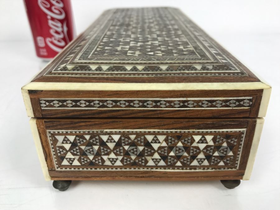 Stunning Geometric Metal And Bone Inlay Wooden Footed Box [Photo 17]