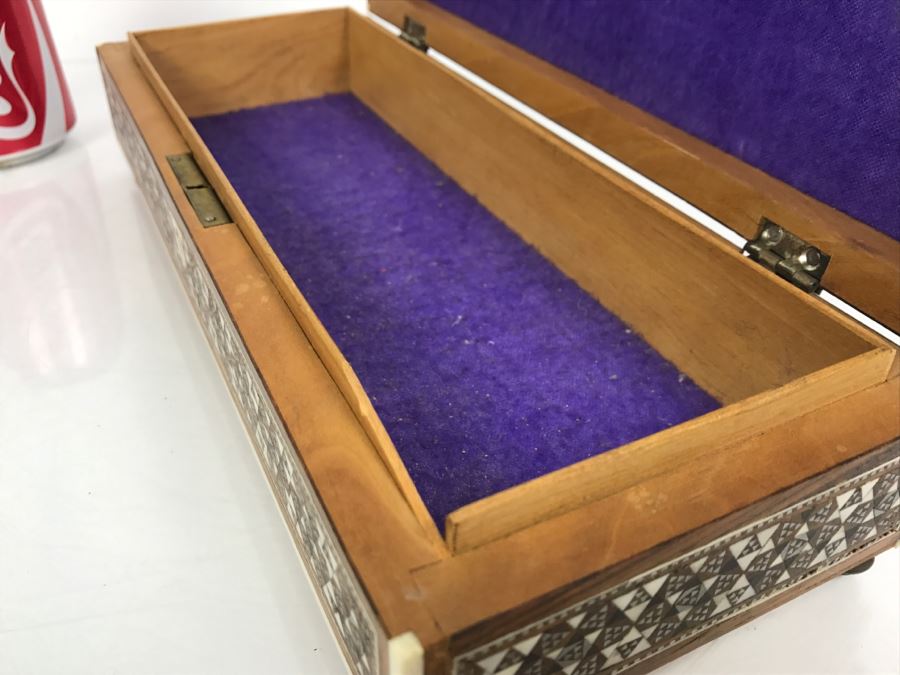 Stunning Geometric Metal And Bone Inlay Wooden Footed Box [Photo 21]
