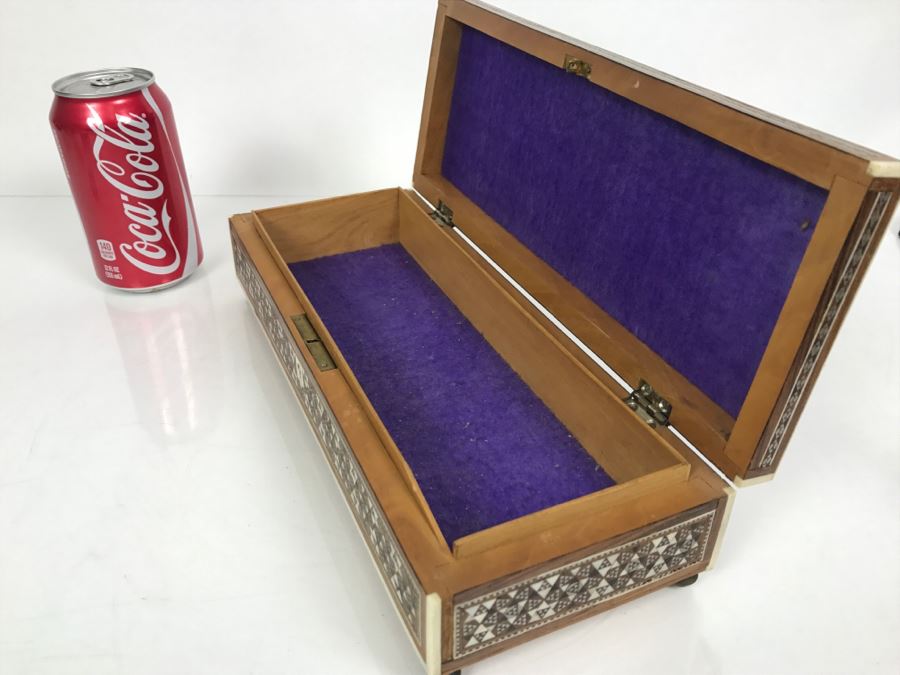 Stunning Geometric Metal And Bone Inlay Wooden Footed Box [Photo 20]