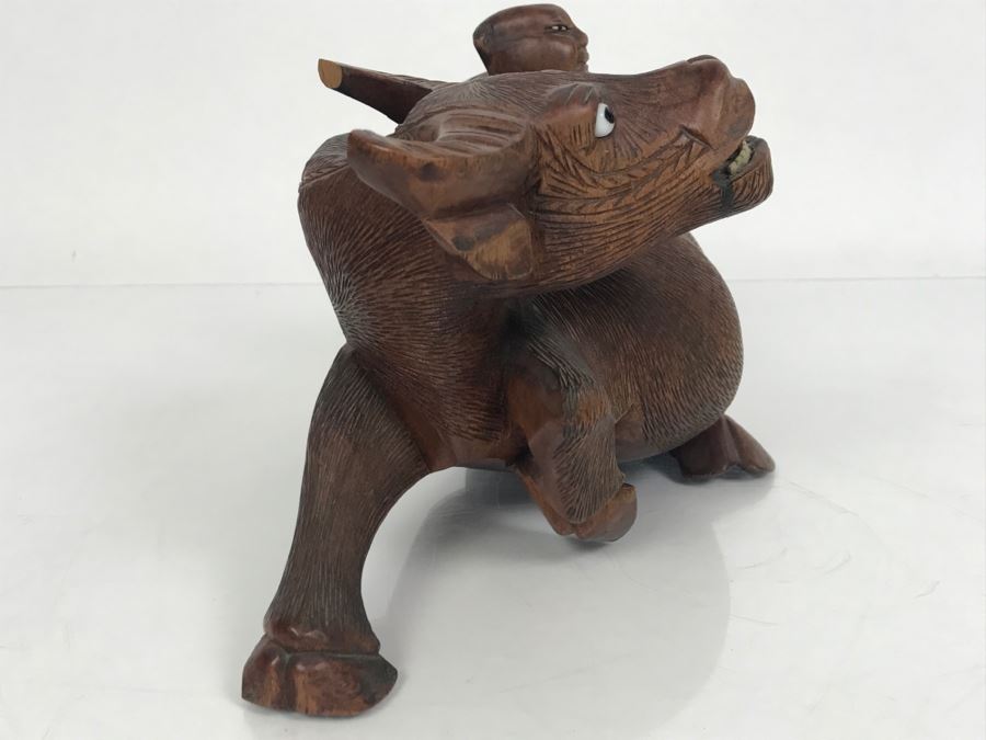 Vintage Hand Carved Wooden Asian Sculpture Of Man On Back Of Bull Ox Note Slight Damage To Horns And Hoof In Photos [Photo 24]
