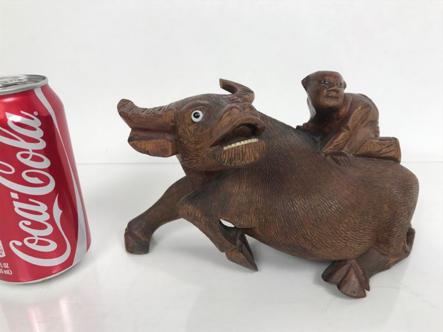 Vintage Hand Carved Wooden Asian Sculpture Of Man On Back Of Bull Ox Note Slight Damage To Horns And Hoof In Photos [Photo 3]