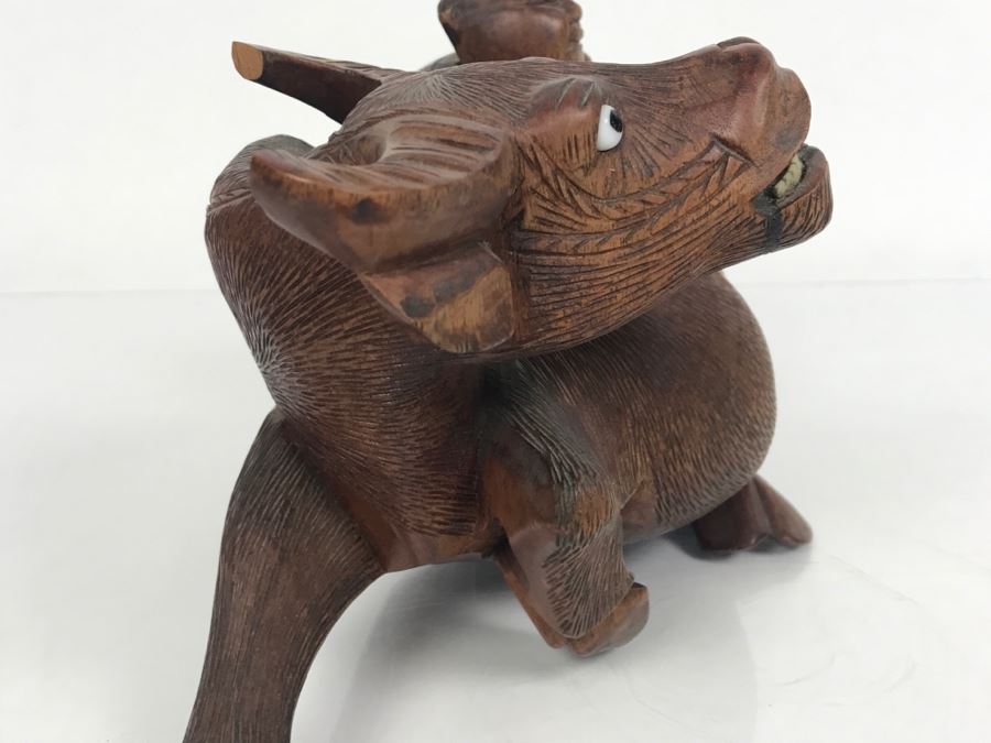 Vintage Hand Carved Wooden Asian Sculpture Of Man On Back Of Bull Ox Note Slight Damage To Horns And Hoof In Photos [Photo 23]