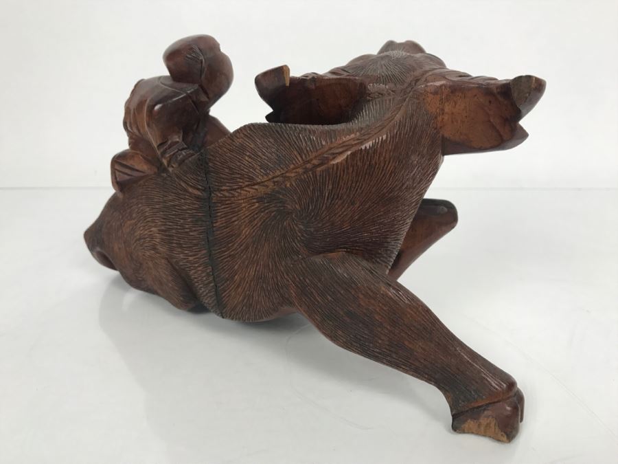 Vintage Hand Carved Wooden Asian Sculpture Of Man On Back Of Bull Ox Note Slight Damage To Horns And Hoof In Photos [Photo 15]