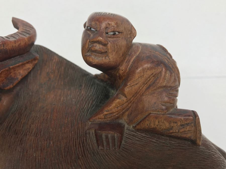 Vintage Hand Carved Wooden Asian Sculpture Of Man On Back Of Bull Ox Note Slight Damage To Horns And Hoof In Photos [Photo 8]