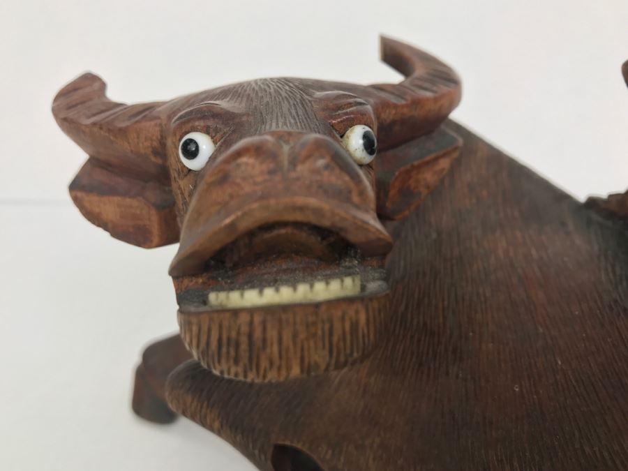 Vintage Hand Carved Wooden Asian Sculpture Of Man On Back Of Bull Ox Note Slight Damage To Horns And Hoof In Photos [Photo 5]