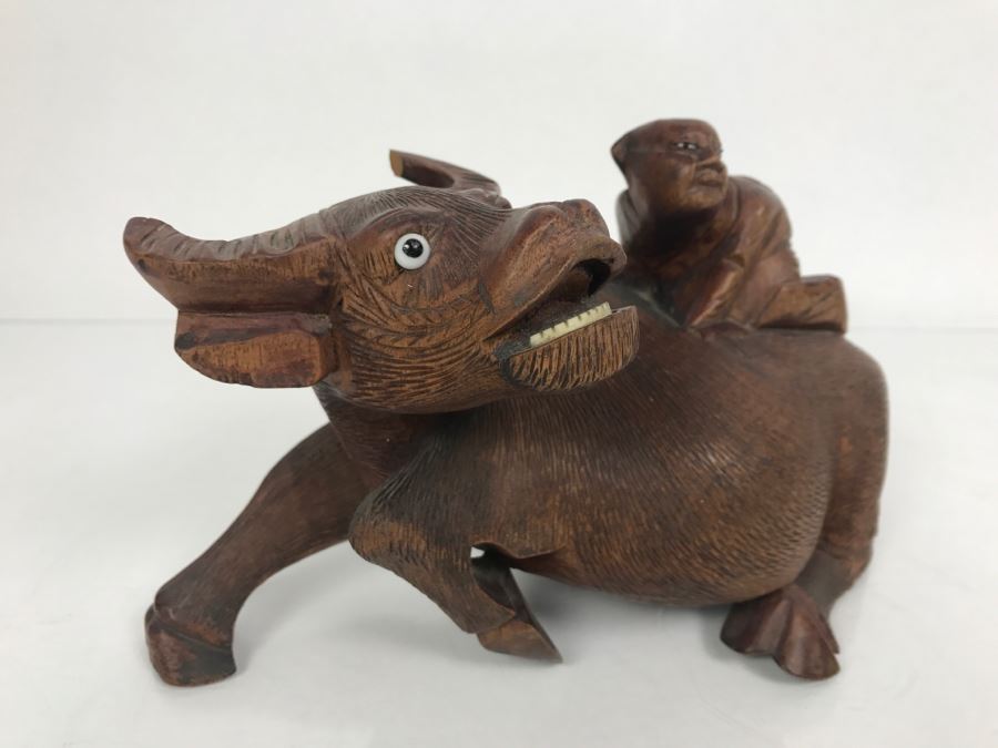 Vintage Hand Carved Wooden Asian Sculpture Of Man On Back Of Bull Ox Note Slight Damage To Horns And Hoof In Photos [Photo 27]