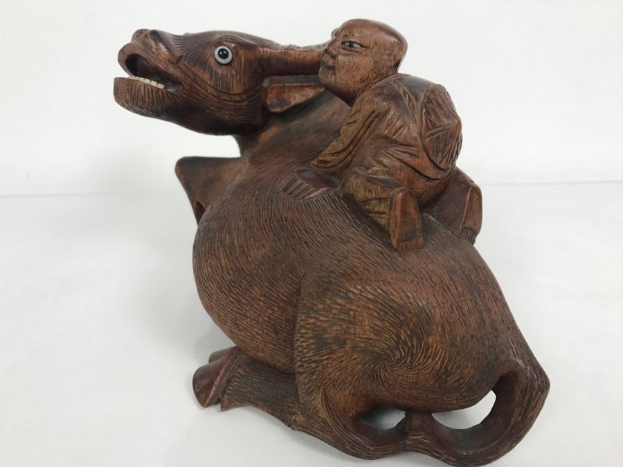 Vintage Hand Carved Wooden Asian Sculpture Of Man On Back Of Bull Ox Note Slight Damage To Horns And Hoof In Photos [Photo 9]