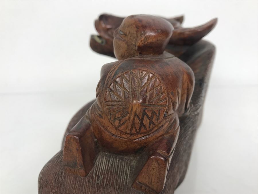 Vintage Hand Carved Wooden Asian Sculpture Of Man On Back Of Bull Ox Note Slight Damage To Horns And Hoof In Photos [Photo 12]