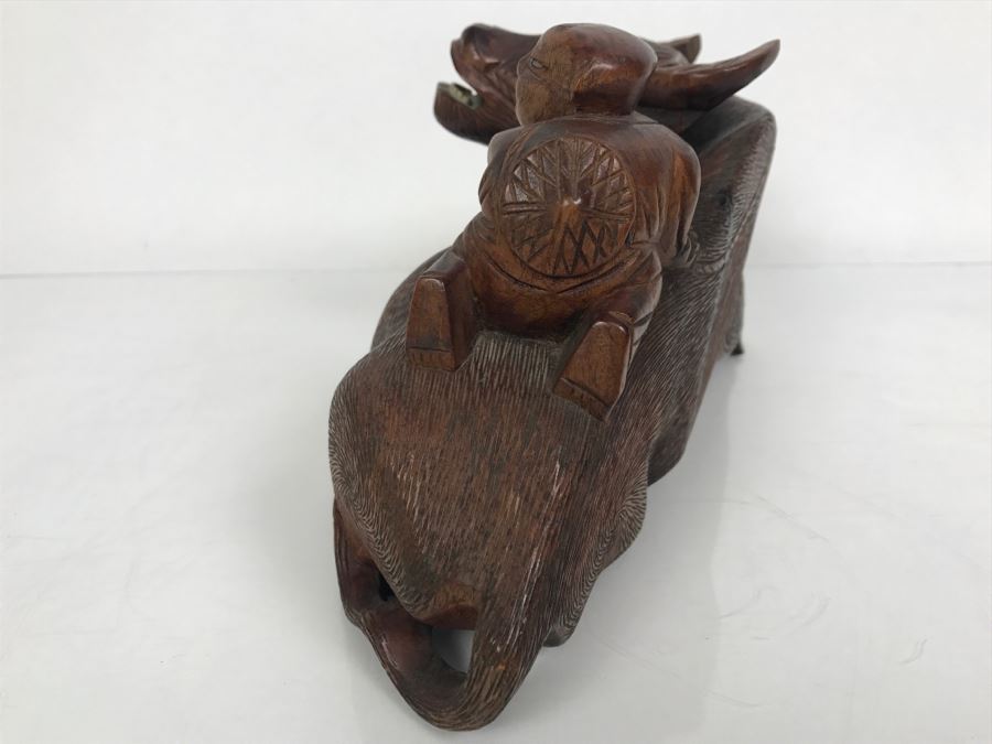 Vintage Hand Carved Wooden Asian Sculpture Of Man On Back Of Bull Ox Note Slight Damage To Horns And Hoof In Photos [Photo 11]