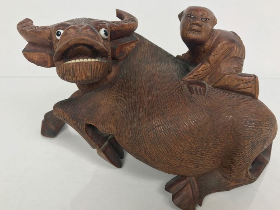 Vintage Hand Carved Wooden Asian Sculpture Of Man On Back Of Bull Ox Note Slight Damage To Horns And Hoof In Photos [Photo 2]