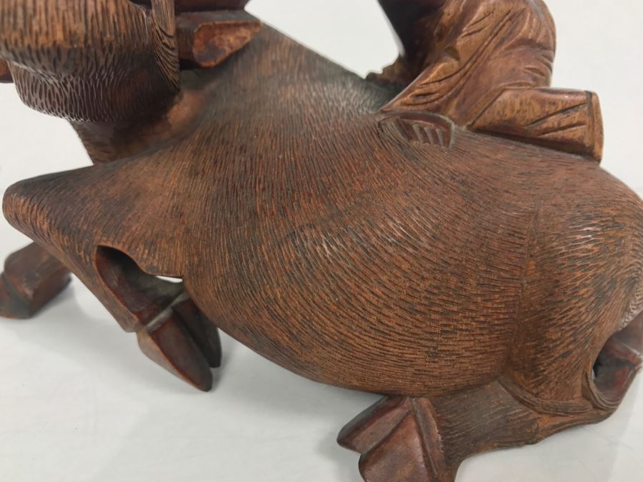 Vintage Hand Carved Wooden Asian Sculpture Of Man On Back Of Bull Ox Note Slight Damage To Horns And Hoof In Photos [Photo 4]