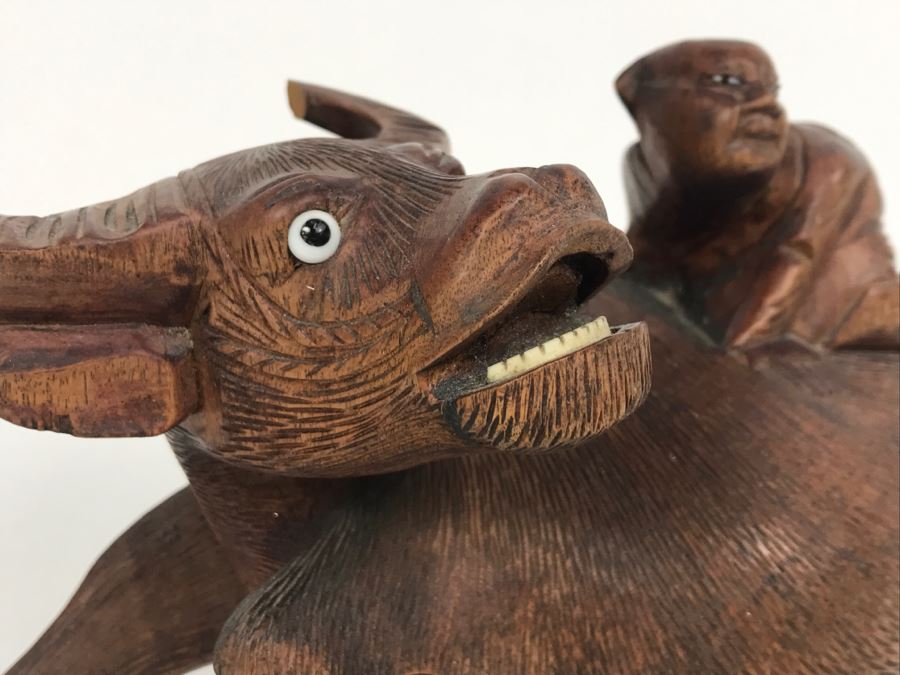 Vintage Hand Carved Wooden Asian Sculpture Of Man On Back Of Bull Ox Note Slight Damage To Horns And Hoof In Photos [Photo 26]