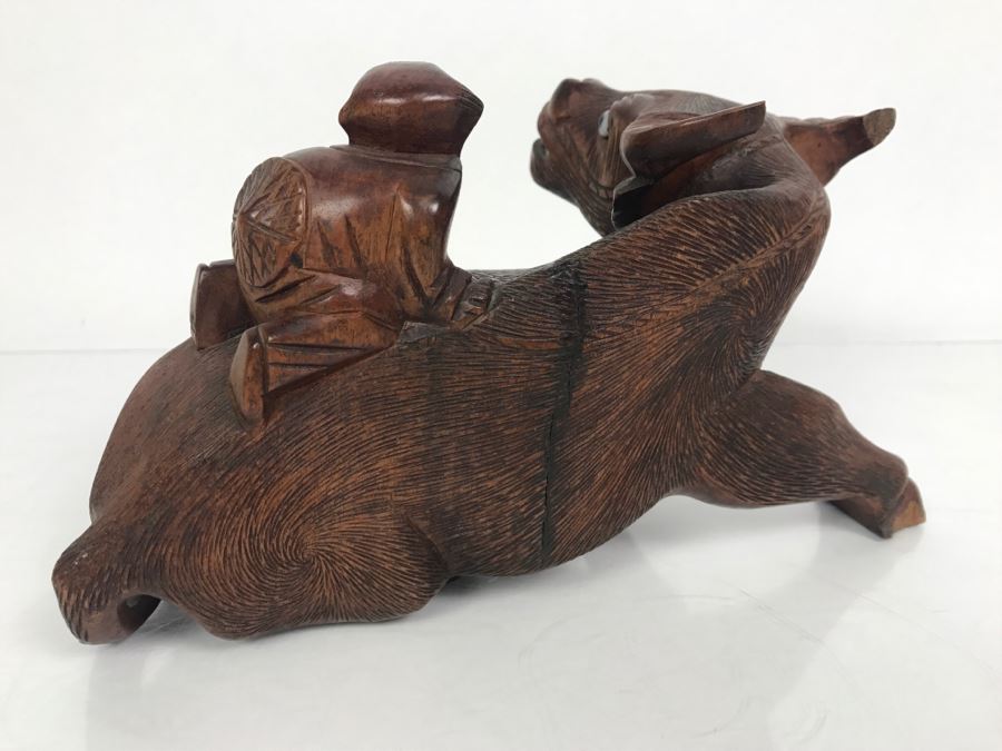 Vintage Hand Carved Wooden Asian Sculpture Of Man On Back Of Bull Ox Note Slight Damage To Horns And Hoof In Photos [Photo 13]
