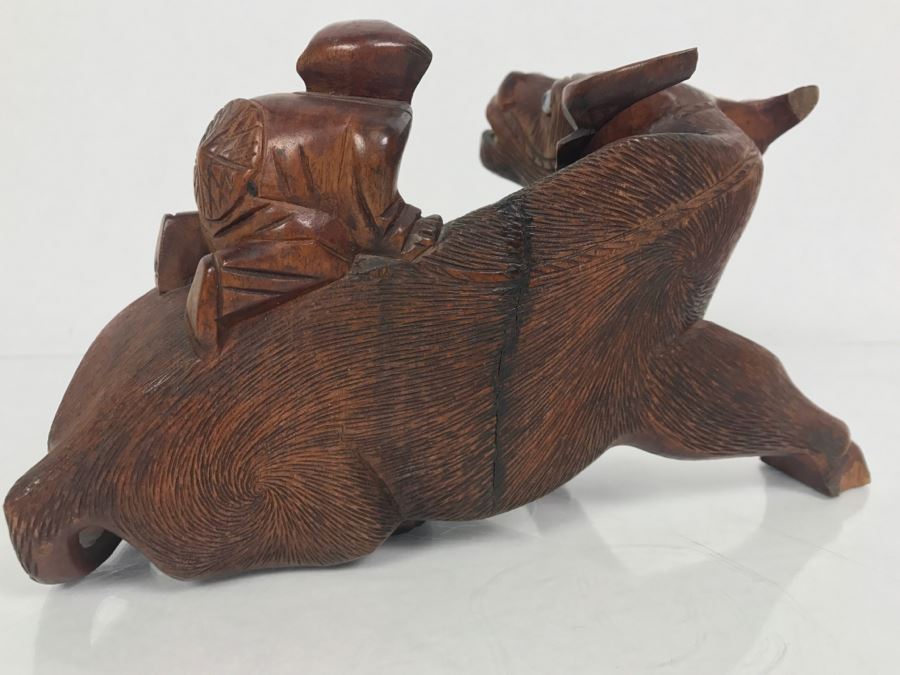 Vintage Hand Carved Wooden Asian Sculpture Of Man On Back Of Bull Ox Note Slight Damage To Horns And Hoof In Photos [Photo 14]