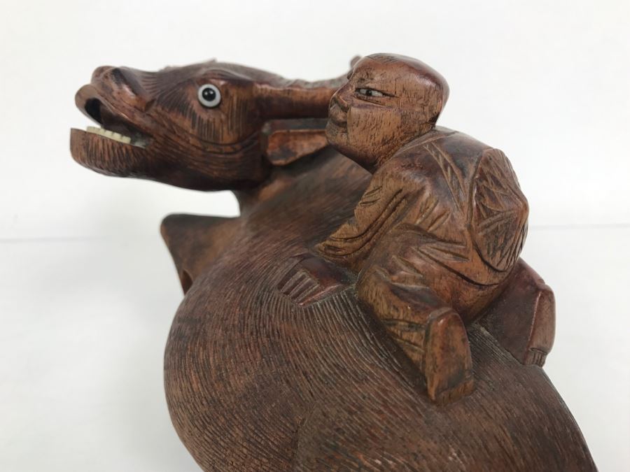 Vintage Hand Carved Wooden Asian Sculpture Of Man On Back Of Bull Ox Note Slight Damage To Horns And Hoof In Photos [Photo 10]
