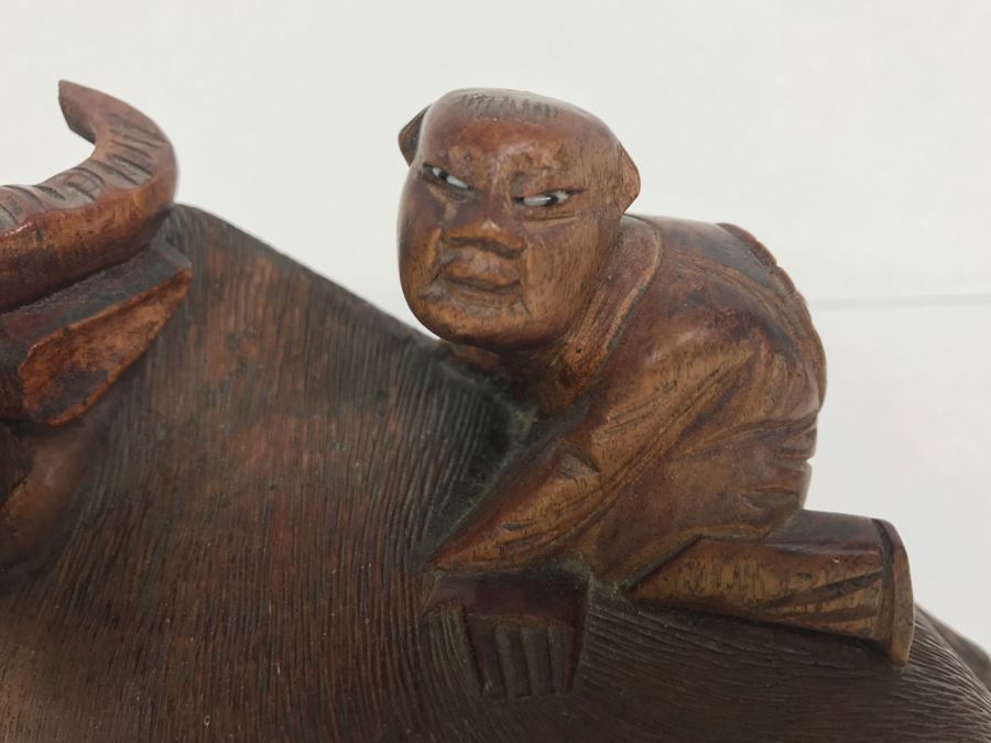 Vintage Hand Carved Wooden Asian Sculpture Of Man On Back Of Bull Ox Note Slight Damage To Horns And Hoof In Photos [Photo 7]