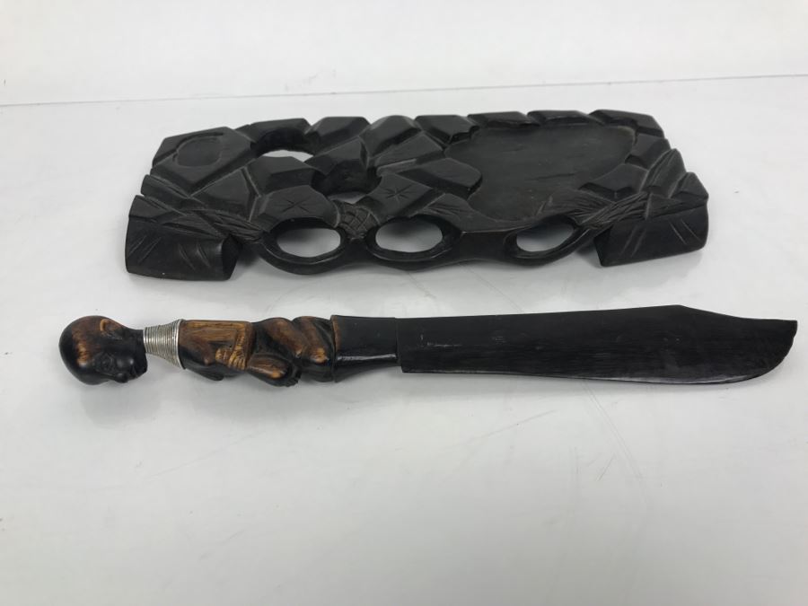 Hand Carved Wooden African Letter Opener And Carved Wooden Stand