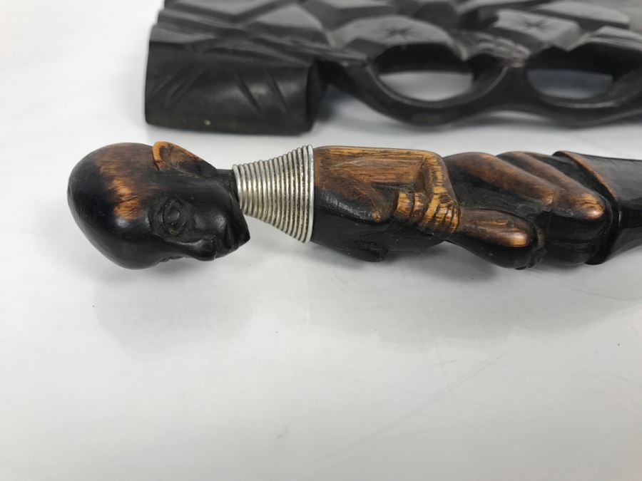 Hand Carved Wooden African Letter Opener And Carved Wooden Stand [Photo 3]