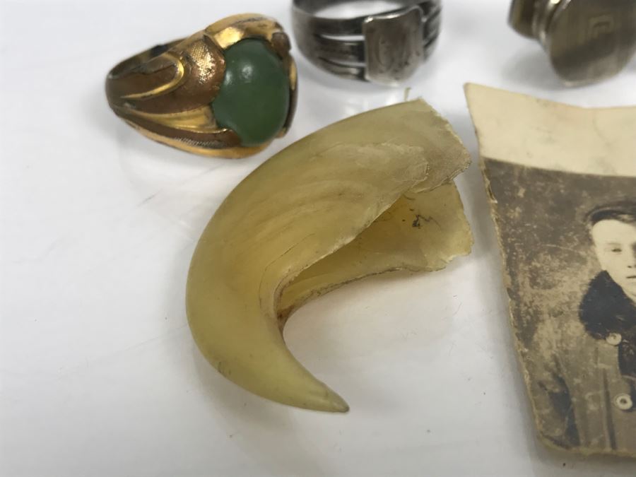 Men's Lot With Sterling Silver GM Monogramed Ring, Cufflinks, Gold Tone Ring, Old Photo And Claw [Photo 3]