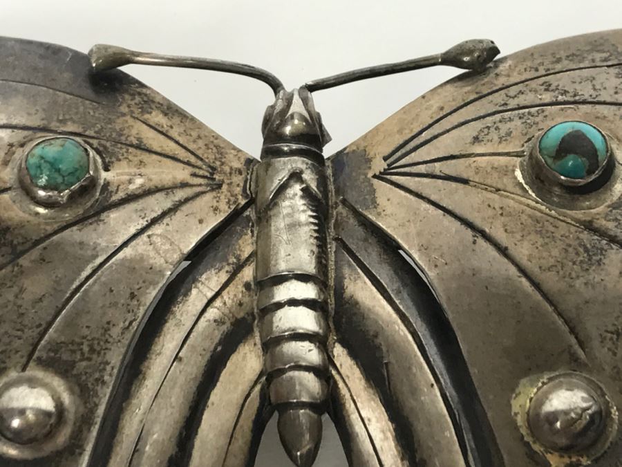 Sterling Silver And Turquoise Butterfly Brooch 23.2g [Photo 7]