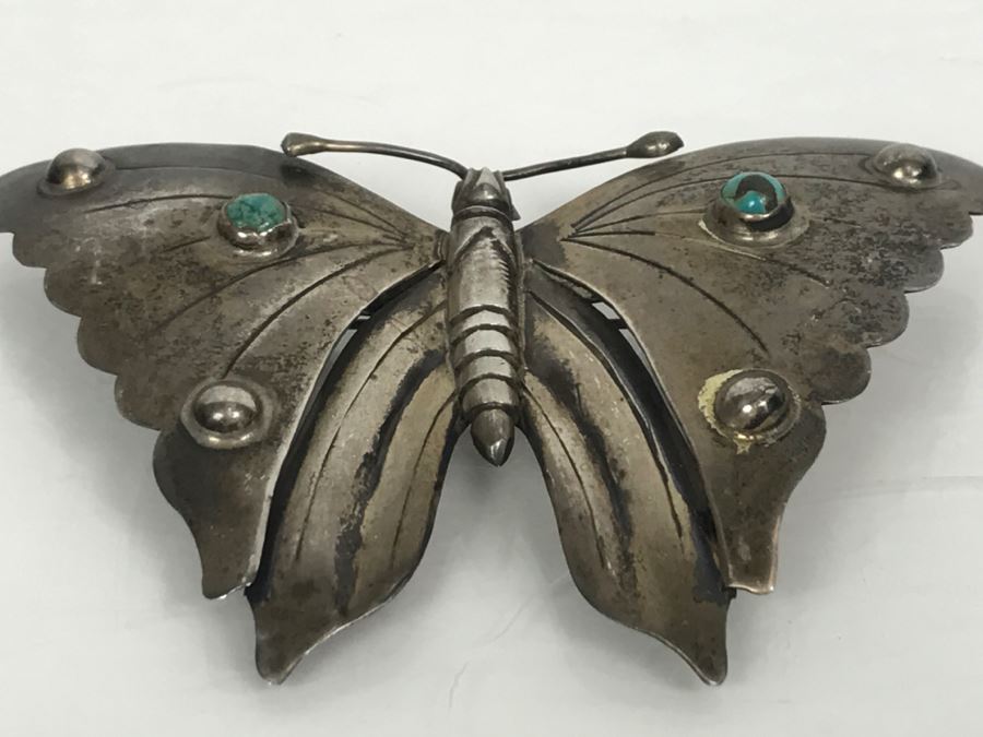 Sterling Silver And Turquoise Butterfly Brooch 23.2g [Photo 8]