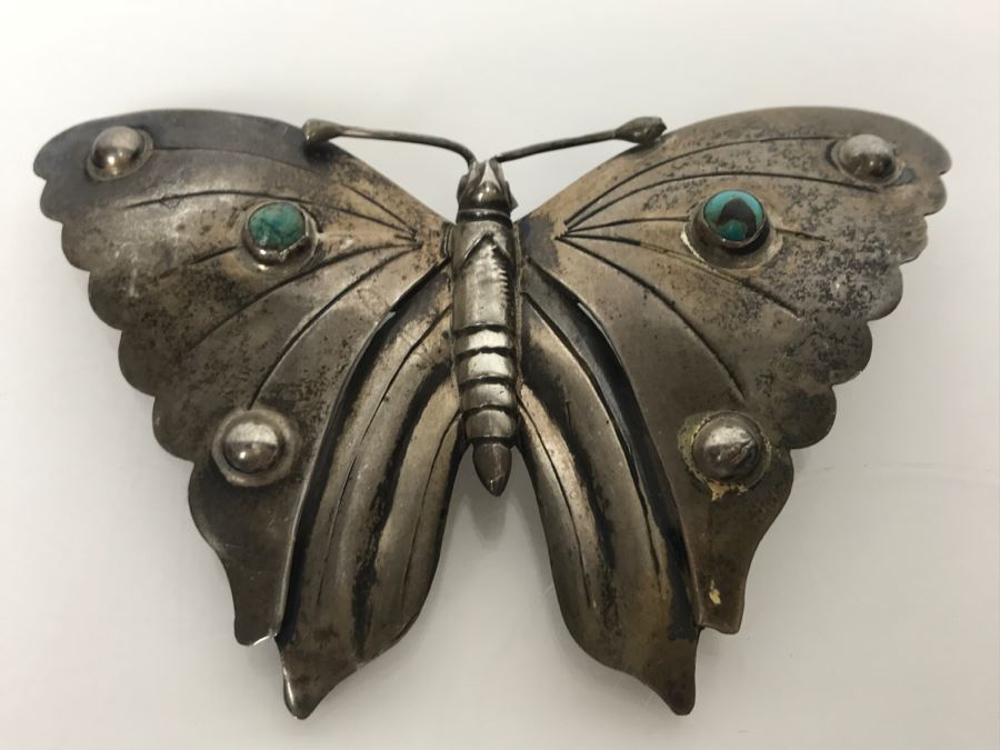 Sterling Silver And Turquoise Butterfly Brooch 23.2g [Photo 4]