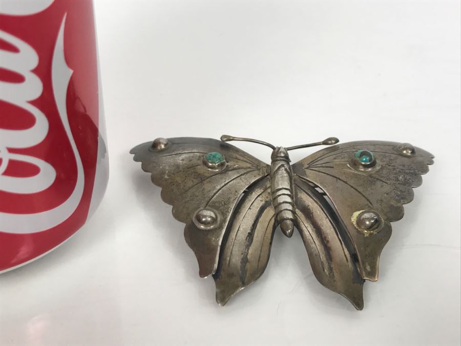 Sterling Silver And Turquoise Butterfly Brooch 23.2g [Photo 3]