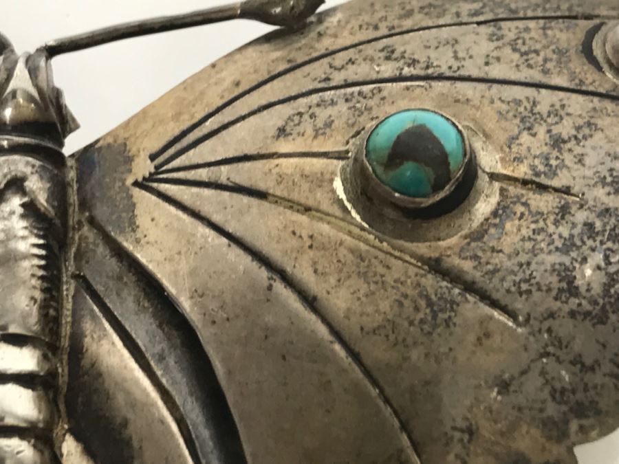Sterling Silver And Turquoise Butterfly Brooch 23.2g [Photo 6]