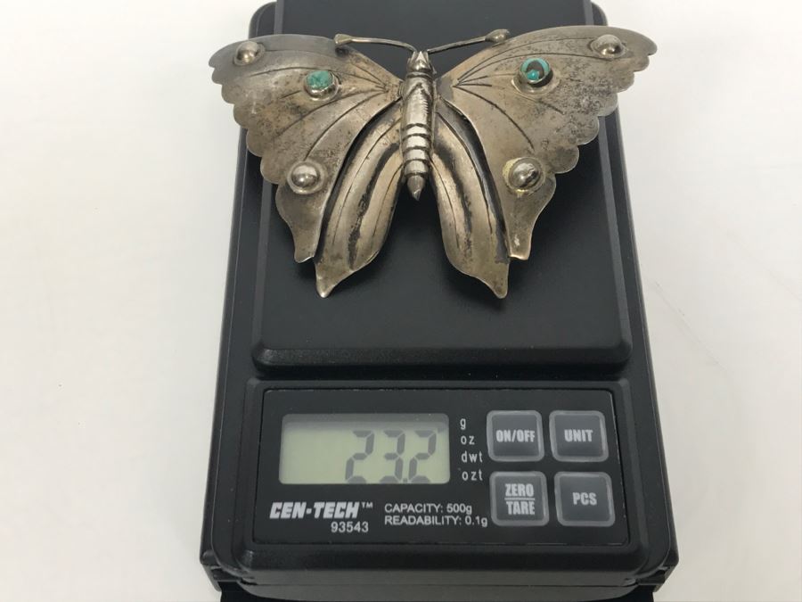 Sterling Silver And Turquoise Butterfly Brooch 23.2g [Photo 11]