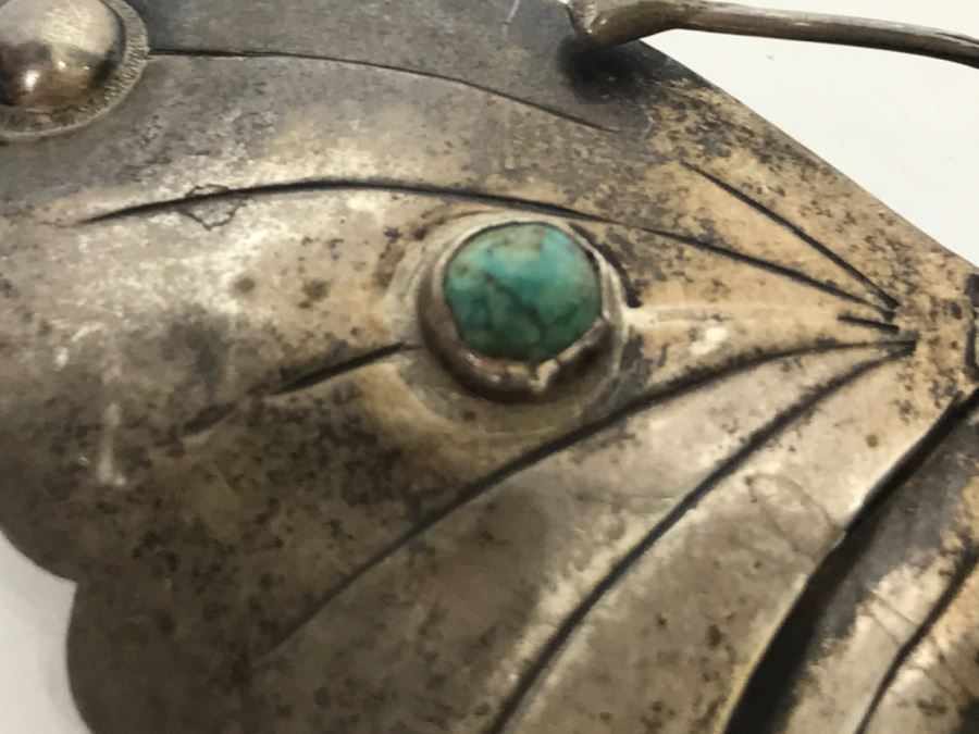 Sterling Silver And Turquoise Butterfly Brooch 23.2g [Photo 5]