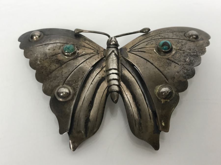 Sterling Silver And Turquoise Butterfly Brooch 23.2g [Photo 2]