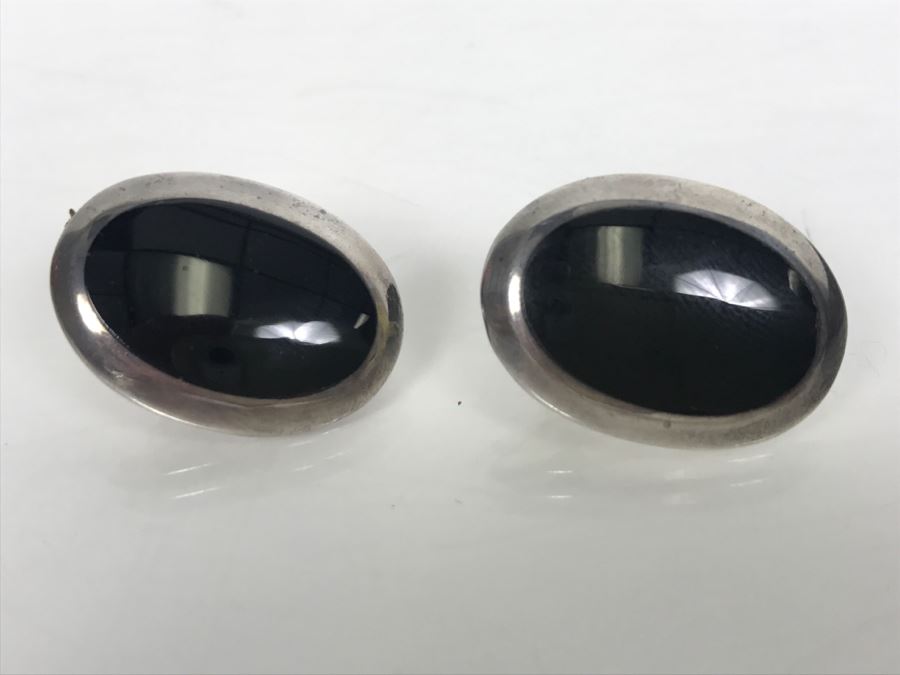 Sterling Silver And Black Stone Post Earrings 6.2g [Photo 1]