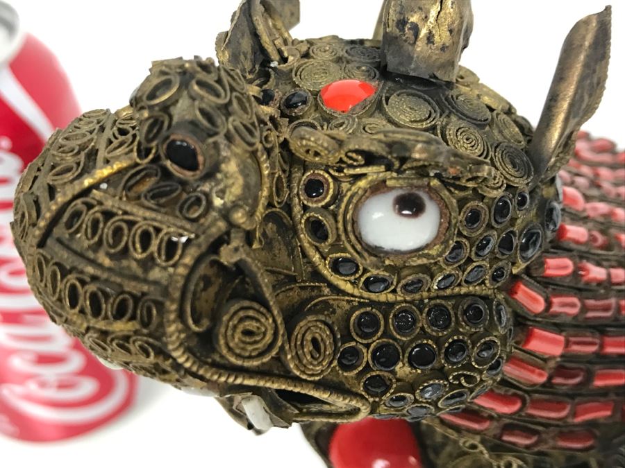 Old Nepalese Tibetan Brass Filigree Foo Dog Lion Snuff Bottle With Inlayed Coral And Black Stones [Photo 28]