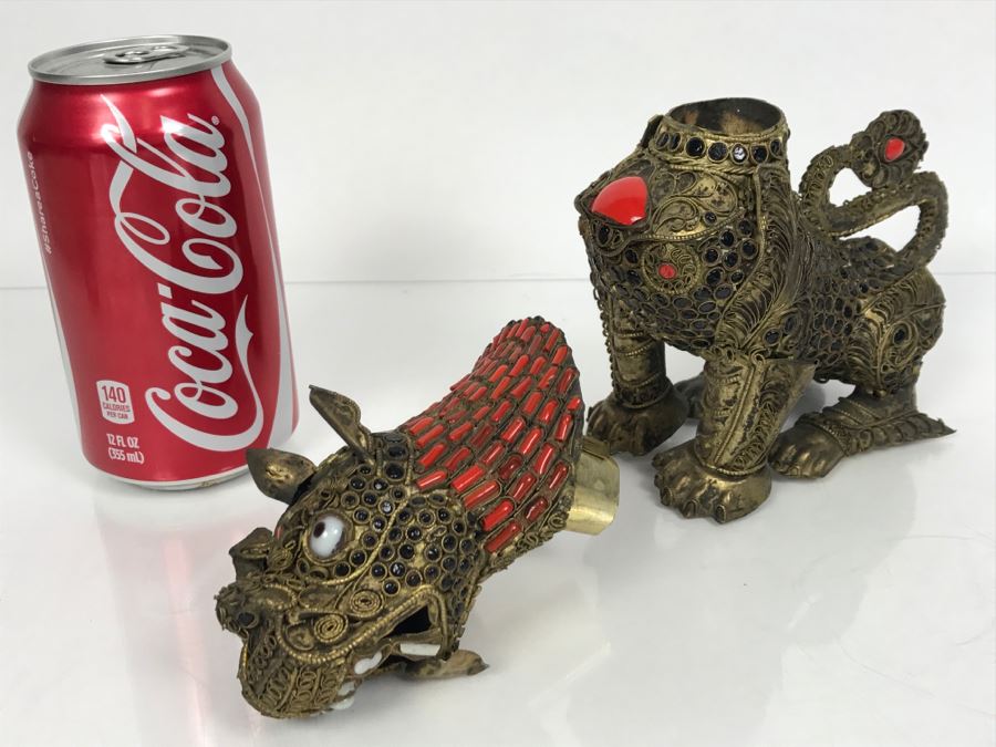 Old Nepalese Tibetan Brass Filigree Foo Dog Lion Snuff Bottle With Inlayed Coral And Black Stones [Photo 30]