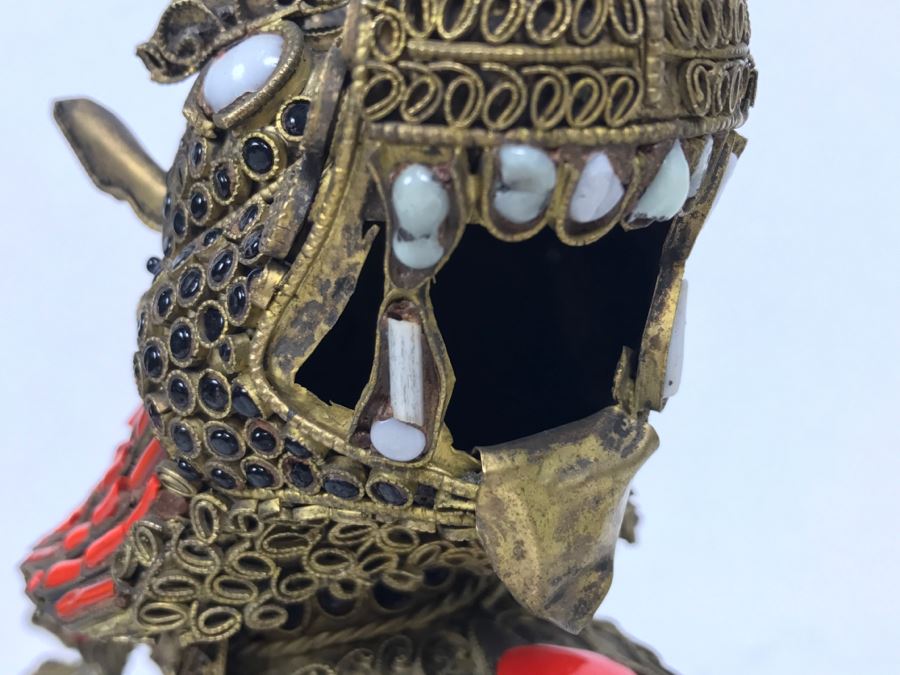 Old Nepalese Tibetan Brass Filigree Foo Dog Lion Snuff Bottle With Inlayed Coral And Black Stones [Photo 26]