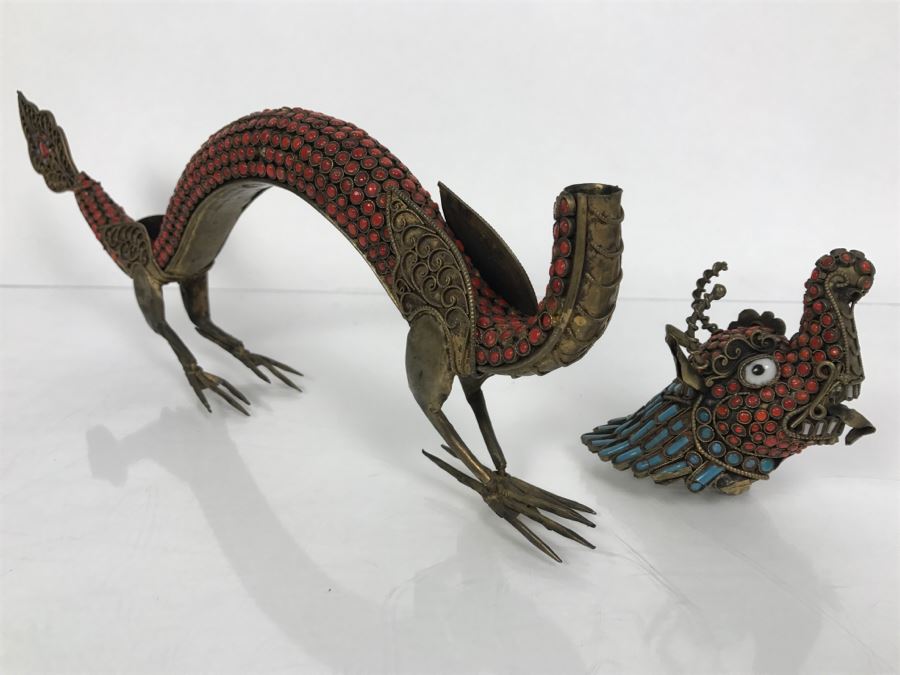 Old Nepalese Tibetan Brass Filigree Dragon Serpent With Inlayed Coral And Turquoise [Photo 30]