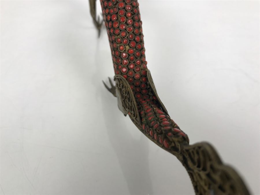 Old Nepalese Tibetan Brass Filigree Dragon Serpent With Inlayed Coral And Turquoise [Photo 13]